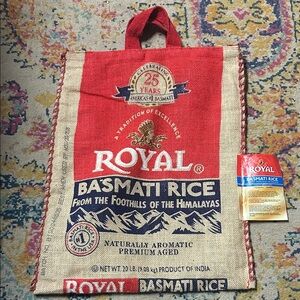 Royal Basmati Rice 20# burlap bag - empty - zip closure - handles - Recycled Bag